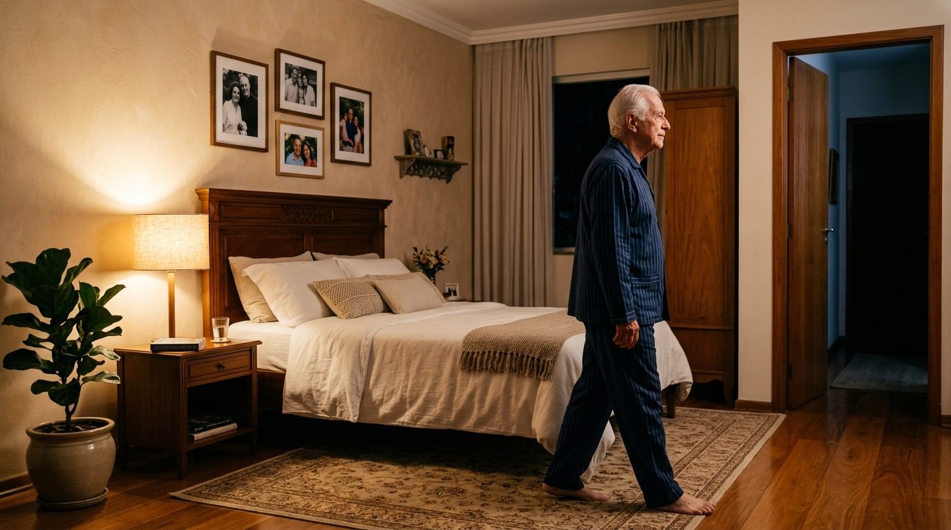 Quarto à noite: um senhor caminha da cama em direção à porta sob luz baixa e quente